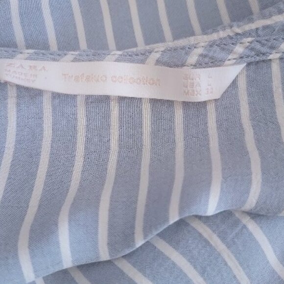 Zara Blue & White Striped Long Sleeve Ruffle Neckline Flowy Casual Blouse - Picture 4 of 5